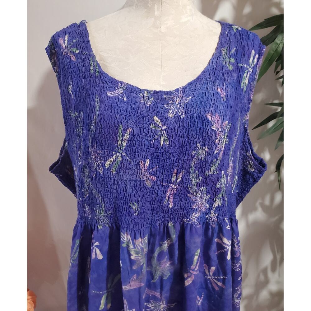 Vintage Lost River Batik Dragonfly Smocked Maxi Dress Size 3X Purple Pockets - Picture 5 of 12
